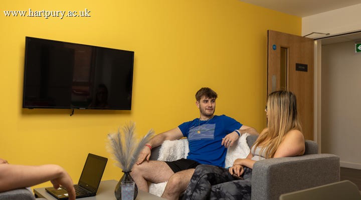 Male and female students sitting on sofa